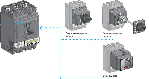 На фото: Схематичное изображение подключение мотор привода - привода электрического к стационарным автоматическим выключателям Compact NSX100 - 630 Шнейдер