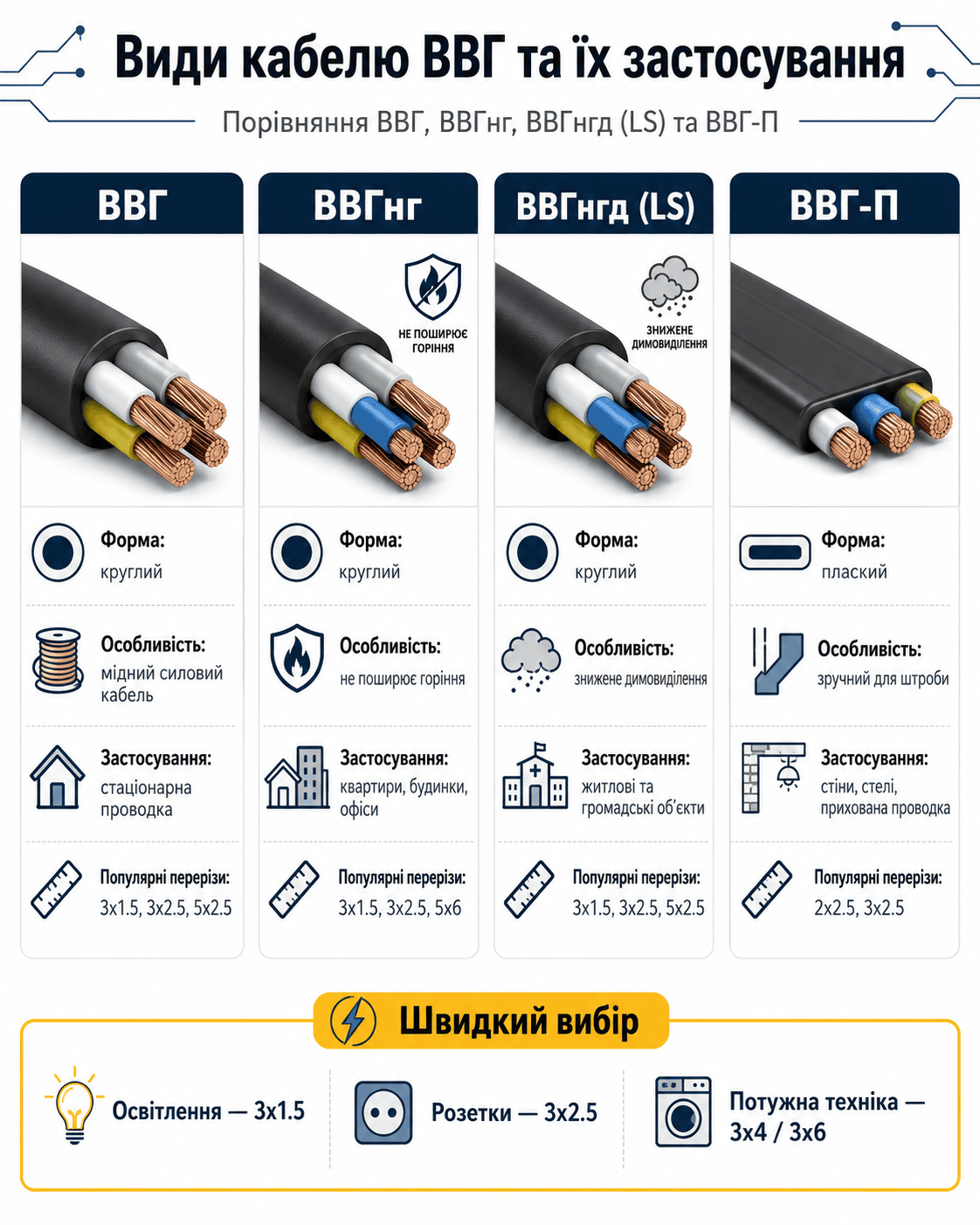 Види кабелю ВВГ: ВВГ, ВВГнг, ВВГнгд та ВВГ-П для електропроводки