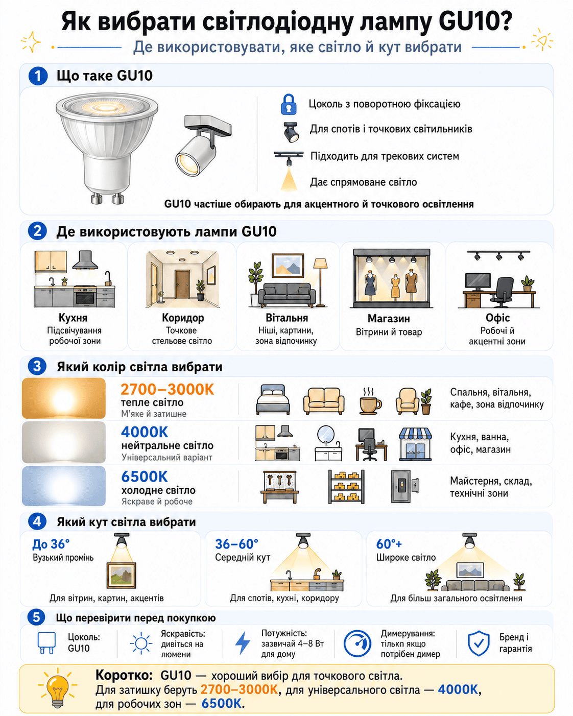 Інфографіка з вибору світлодіодної лампи GU10 для точкового освітлення