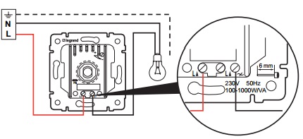 Схема подключения 1 Диммера-светорегулятора 100-1000 Вт поворотного Valena (белый) 