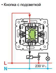 Схема подключения Кнопочного выключателя с подсветкой с символом "лампа" Valena (белый) : электромаркет интернет-магазин ELMAR Украина