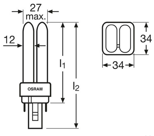 Размеры Лампы КЛЛ G24d 2-pin DULUX D OSRAM