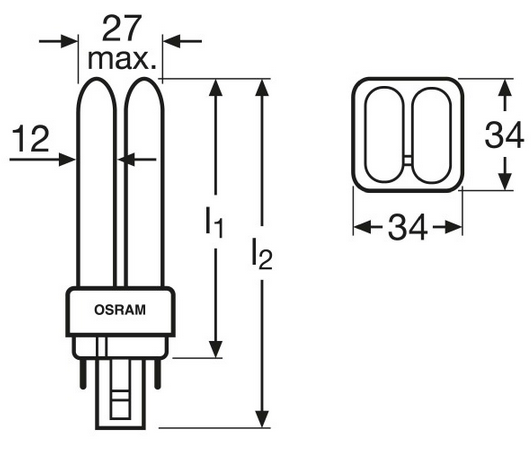 Размеры Лампы КЛЛ G24q 4-pin DULUX D/E OSRAM