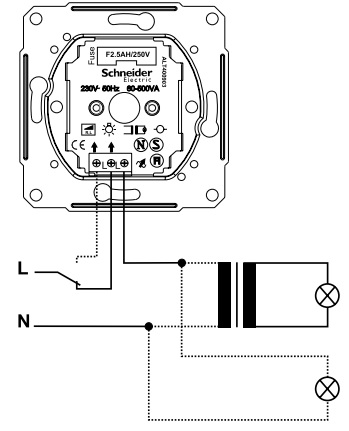 Схема підключення Світлорегулятора поворотно-натискного прохідний, для індуктивного навантаження 60-500Вт/ВА (графіт) SEDNA Schneider Electric SDN2200570 