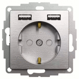 Розетка с заземлением 16А шторками  и 2хUSB 2.4A тип А, Sedna Elements (матовый Алюминий)