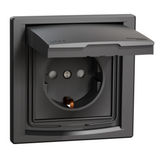 Розетка с з/к защитными шторками и крышкой IP44 антрацит Asfora