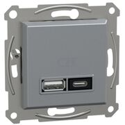 Двойное зарядное устройство для USB тип A+C 21 Вт с суппортом Сталь Asfora Schneider Electric EPH2700562