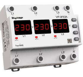 Трехфазное реле напряжения VP-3F63А M6R Термозащита, TrueRMS 63А 6 модулей  DigiTOP