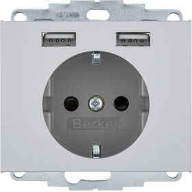 Розетка с з/к 16А/250В + 2хUSB/2.4A алюминий-лак K.5