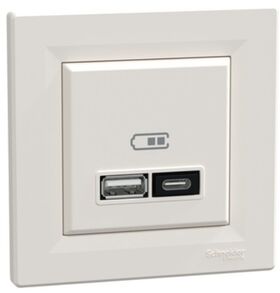 Подвійний зарядний пристрій USB тип A+C 21 Вт в комплекті Кремовий Asfora Schneider Electric EPH2700523
