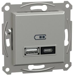 Подвійний зарядний пристрій USB тип A+C 21 Вт з супортом Алюміній Asfora Schneider Electric EPH2700561