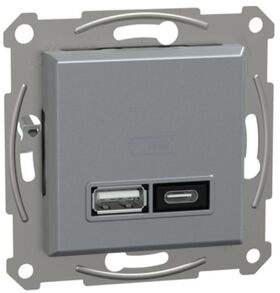 Подвійний зарядний пристрій USB тип A+C 21 Вт із супортом Сталь Asfora Schneider Electric EPH2700562