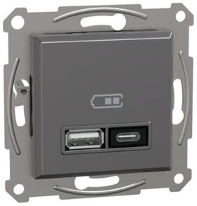 Двойное зарядное устройство для USB тип A+C 21 Вт с суппортом Антрацит Asfora Schneider Electric EPH2700571
