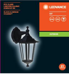 ECO Lantern Classic ALU Down E27 60 Вт IP44 Уличное бра на фасад коттеджа Алюминий легированный чорний LEDVANCE