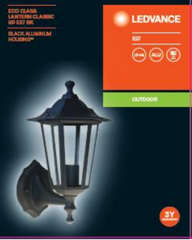ECO Lantern Classic ALU UP E27 60 Вт IP44 Уличное бра на фасад коттеджа Алюминий легированный чорний LEDVANCE
