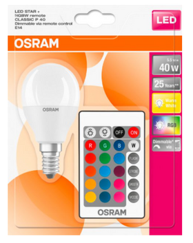 Світлодіодна лампа LED CL P40 REM 5,5W/827 230V FR E14 OSRAM пульт в комплекте