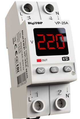 Реле напруги VP-25A M2R з термозахистом 25А min 120-200В, max 210-270В 2 модулі в компактному корпусі DigiTOP