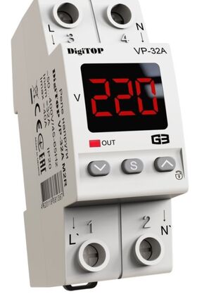 Реле напруги VP-32A M2R з термозахистом 32А min 120-200В, max 210-270В 2 модулі в компактному корпусі DigiTOP