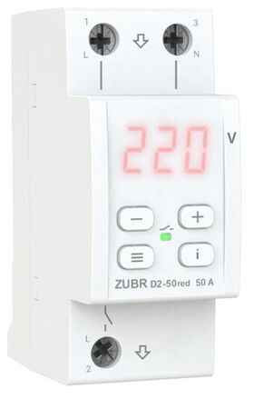 Реле напряжения 50А ZUBR D2-50 red на DIN-рейку 1 фазное 230 В на 2 модуля с термозащитой, TruеRMS, ProModel