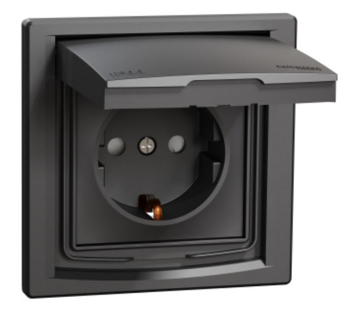 Розетка с з/к защитными шторками и крышкой IP44 антрацит Asfora