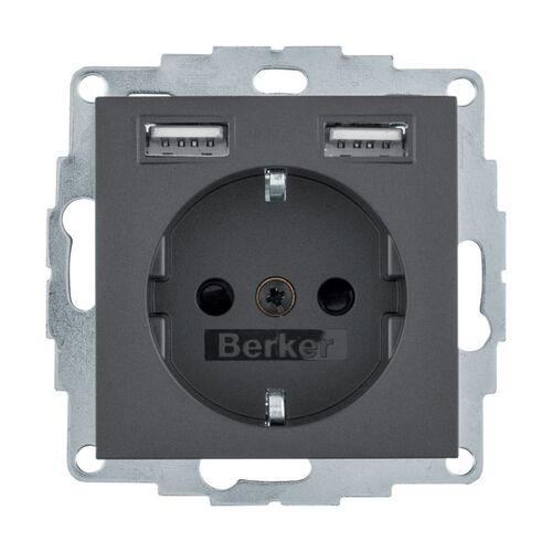Розетка с з/к 16А/250В + 2хUSB/2.4A антрацит S.1/B.X