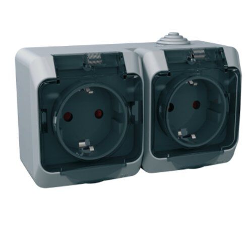 Двойная розетка 16А прозрачная кришка внешний монтаж IP44 Cedar Plus Серый Schneider