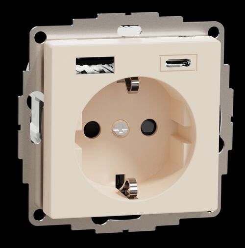 Розетка с з/к 16А + USB type A+C 3.0A, авт. клеммы, SM (бежевий)