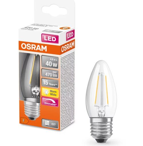 LED Лампа Свічка DIM 4,8W/827 230V E27 LED Superstar Classic B 40 Filament Clear LEDVANCE