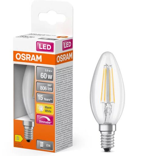 LED Лампа Свечка DIM 5,5W/827 230V E14 LED Superstar Classic B 60 Filament Clear LEDVANCE