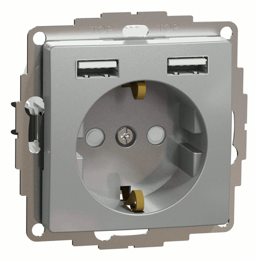 Розетка с заземлением 16А шторками  и 2хUSB 2.4A тип А, Sedna Design (Алюминий)