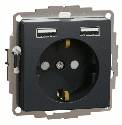 Розетка з з/к 16А, шт. та 2хUSB 2.4A, Sedna Design (чорний)