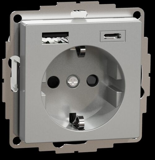 Розетка с з/к 16А + USB type A+C 3.0A, авт. клеммы, SM (алюминий)