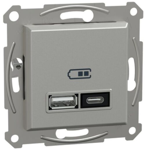 Двойное зарядное устройство для USB тип A+C 21 Вт с суппортом Алюминий Asfora Schneider Electric EPH2700561