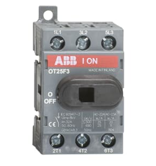 OT25F3 ВИМИКАЧ-РОЗ'ЄДНЮВАЧ 25A (з рукояткою) 3-полюсний, монтаж: на підставі / монтується на DIN-рейку ABB