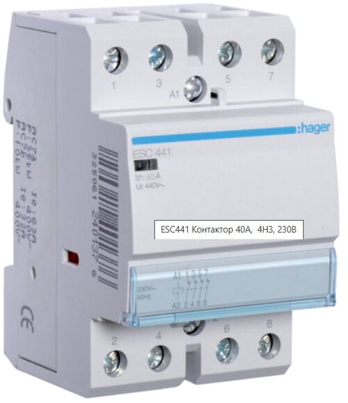 Контактор 40A 4 полюси 4НЗ [Uc] 230В [Ue] 400 V AC 3-модульний Hager