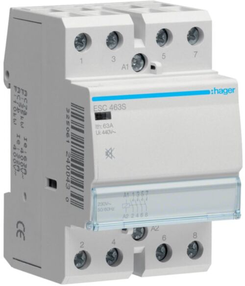 Контактор ESC463S безшумний 63A 4НО 3 модулі 3 фазний 400V AC / 230V AC для комутації електричних ланцюгів у т.ч. Освітлення Hager ESC463S