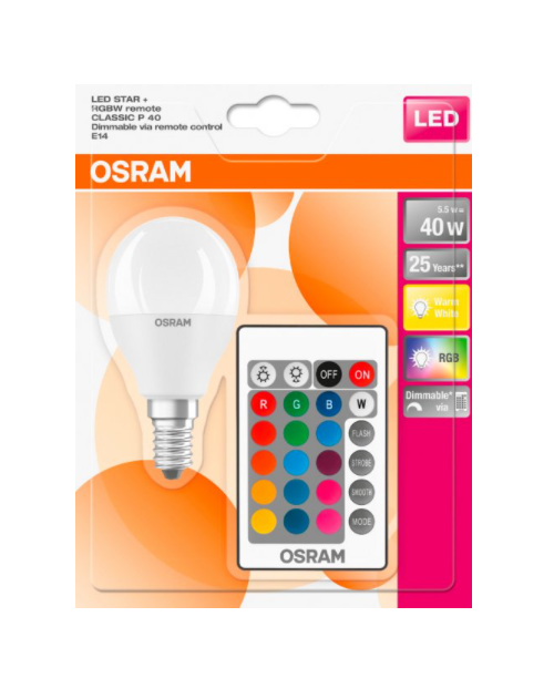 Світлодіодна лампа LED CL P40 REM 5,5W/827 230V FR E14 OSRAM пульт в комплекте