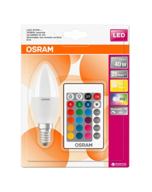 Светодиодная лампа LED CL B40 REM 5.5W/827 230V FR E14 OSRAM пульт в комплекте