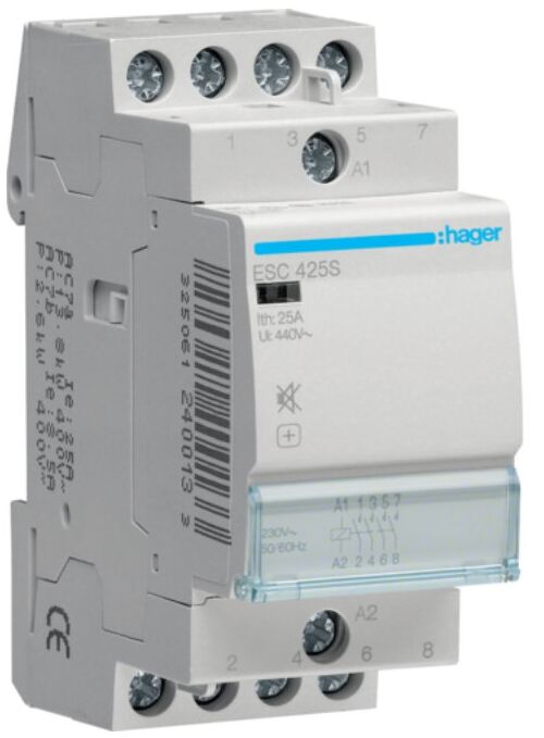 Контактор безшумний 25A 4 полюси 4НО [Uc] 230В [Ue] 400 V AC 2-модульний Hager