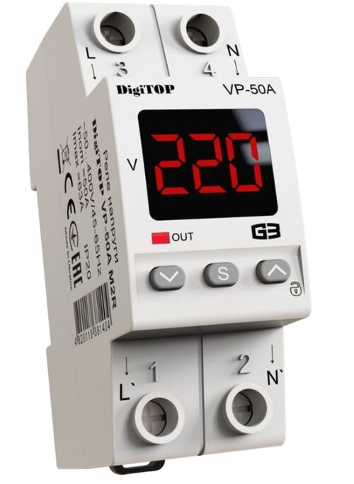 Реле напряжения VP-50A M2R с термозащитой 50А min 120-200В, max  210-270В 2 модуля в компактном корпусе DigiTOP