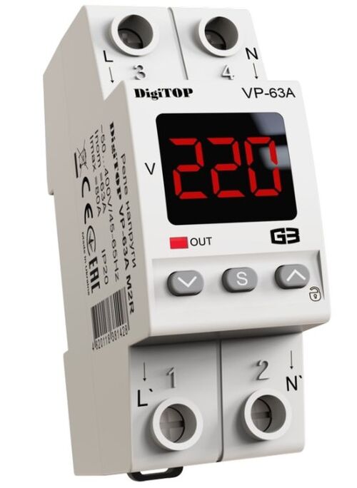 Реле напруги VP-63A M2R з термозахистом 63А min 120-200В, max 210-270В 2 модулі в компактному корпусі DigiTOP