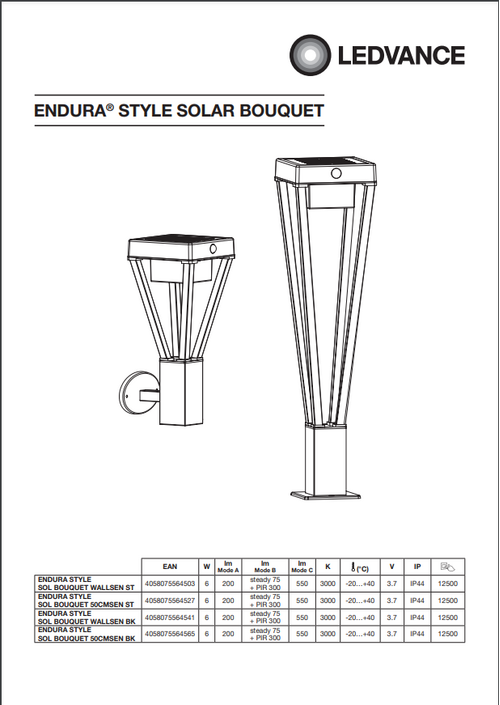 ENDURA Style Solar Bouquet Wall Sensor 6W 550 lm IP44 Солнечный настенный светильник с датчиком Нержавеющая сталь LEDVANCE фото 2