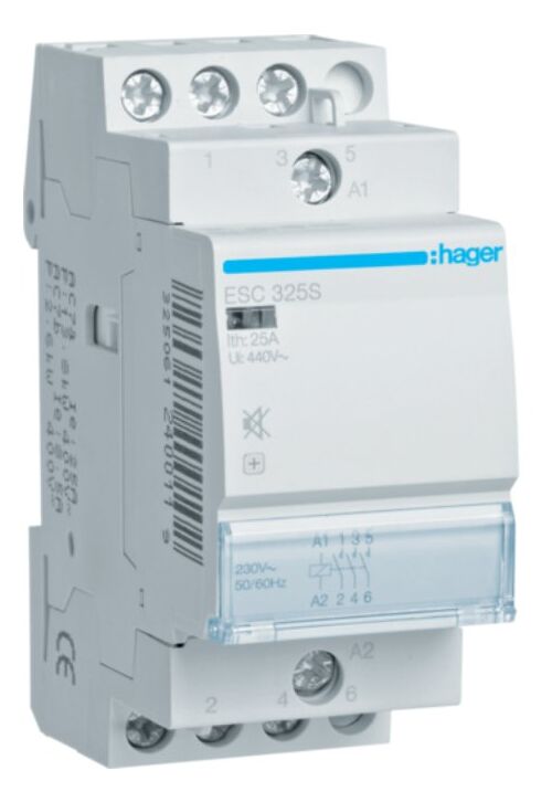 Контактор бесшумный 25A 3 полюса 3НО [Uc] 230В [Ue] 400 V AC 2-модульный Hager