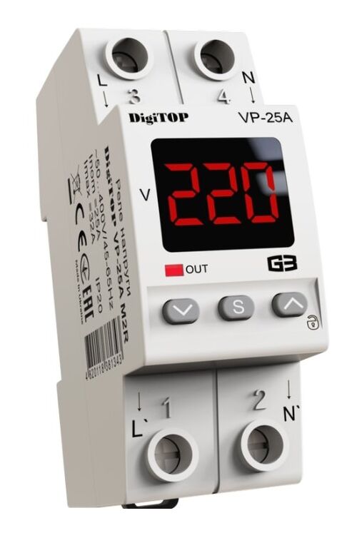 Реле напруги VP-25A M2R з термозахистом 25А min 120-200В, max 210-270В 2 модулі в компактному корпусі DigiTOP