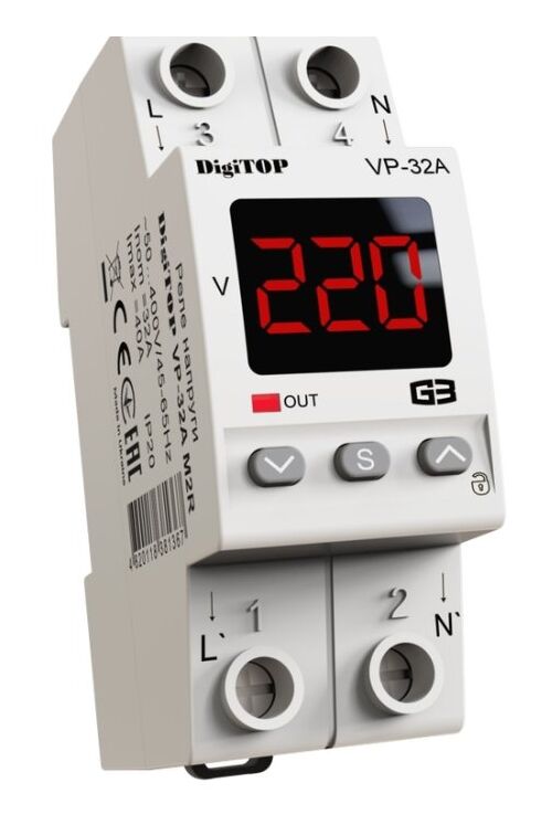 Реле напряжения VP-32A M2R с термозащитой 32А min 120-200В, max  210-270В 2 модуля в компактном корпусе DigiTOP