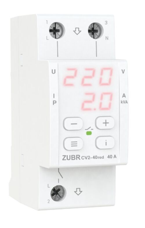 Реле напряжения 40А с контролем тока ZUBR CV2-40 red 1 фазное 230 В на 2 модуля с термозащитой, TruеRMS, ProModel