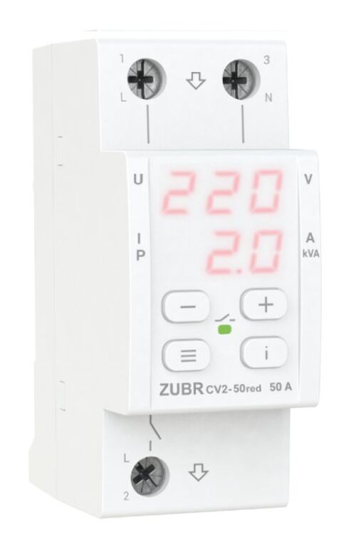 Реле напряжения 50А с контролем тока ZUBR CV2-50 red 1 фазное 230 В на 2 модуля с термозащитой, TruеRMS, ProModel