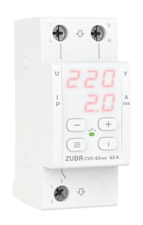 Реле напряжения 63А с контролем тока ZUBR CV2-63 red 1 фазное 230 В на 2 модуля с термозащитой, TruеRMS, ProModel
