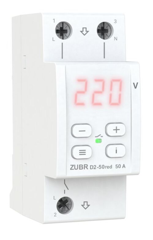 ZUBR D2-50 red, 1ф, 50А, 2мод, вольтметр, мін. напр., макс. напр, термозахист