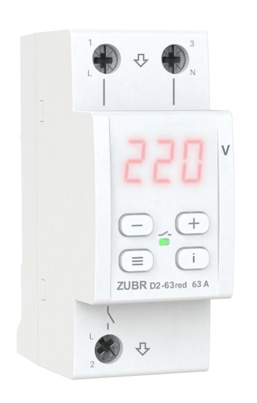 Реле напряжения 63А ZUBR D2-63 red на DIN-рейку 1 фазное 230 В на 2 модуля с термозащитой, TruеRMS, ProModel